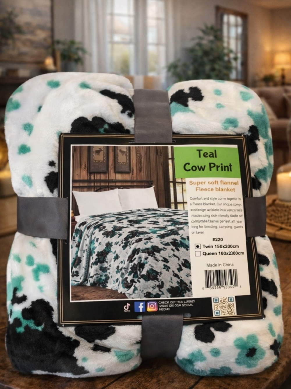 Teal Cow Print Flannel Fleece Blanket – Soft Plush Throw